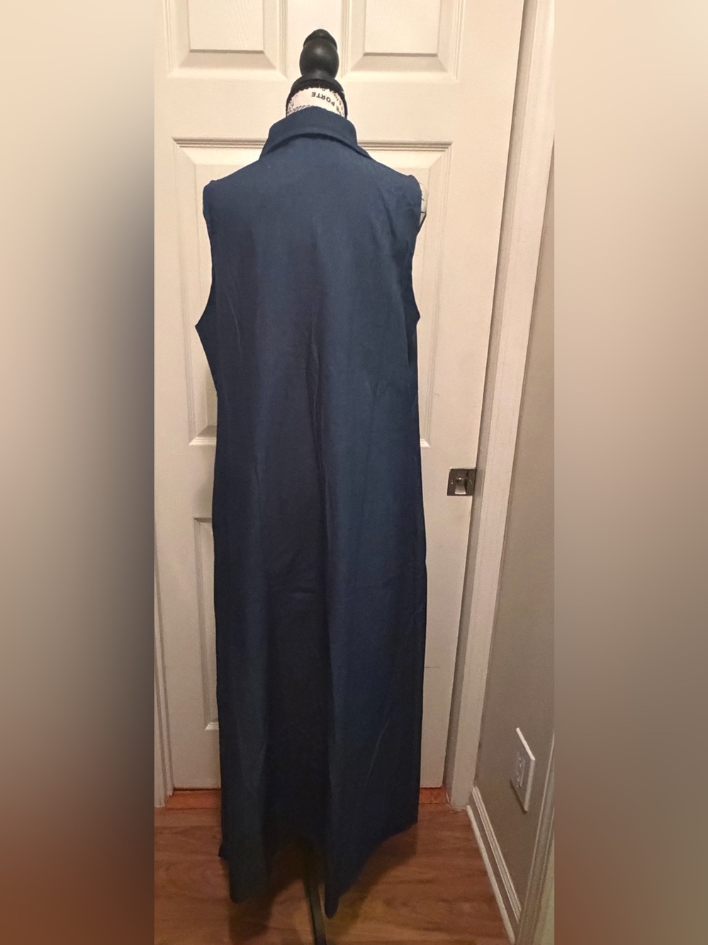 Sleeveless Button-Front Long Maxi Dress in Navy-Denim Look Pattern. - Picture 3 of 5